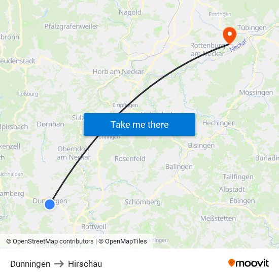 Dunningen to Hirschau map