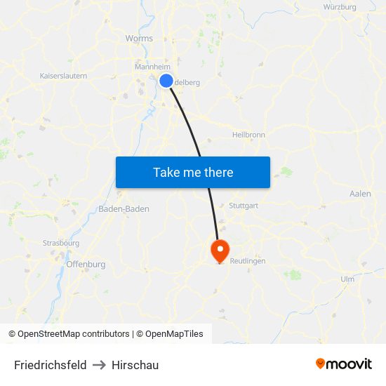 Friedrichsfeld to Hirschau map