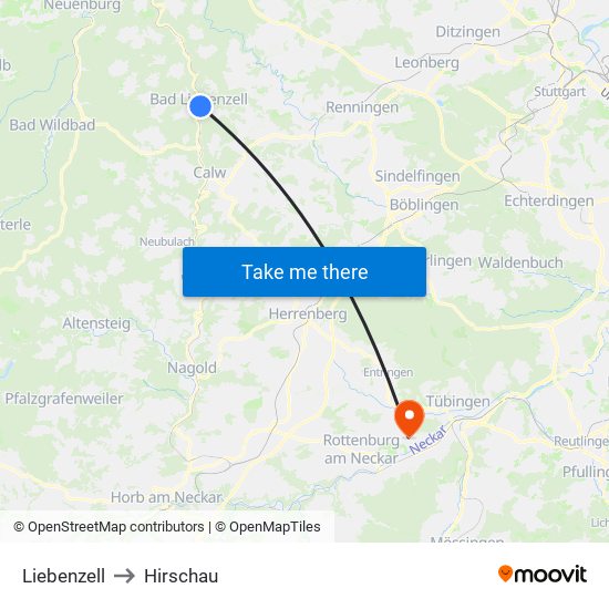 Liebenzell to Hirschau map