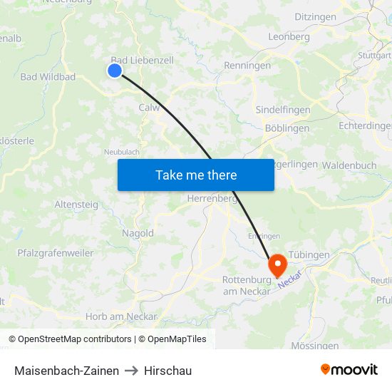 Maisenbach-Zainen to Hirschau map