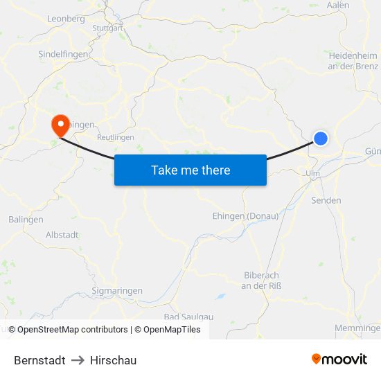 Bernstadt to Hirschau map