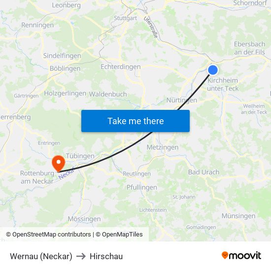 Wernau (Neckar) to Hirschau map