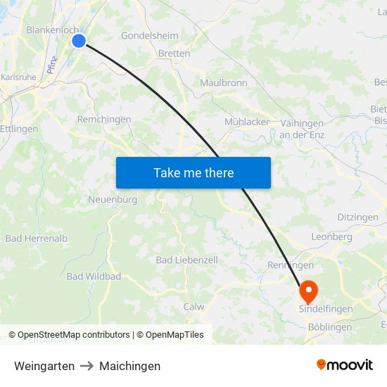 Weingarten to Maichingen map