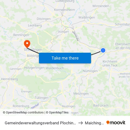 Gemeindeverwaltungsverband Plochingen to Maichingen map