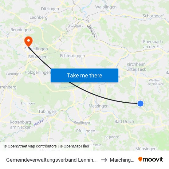 Gemeindeverwaltungsverband Lenningen to Maichingen map