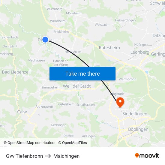 Gvv Tiefenbronn to Maichingen map