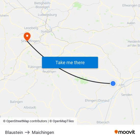 Blaustein to Maichingen map