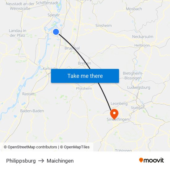 Philippsburg to Maichingen map