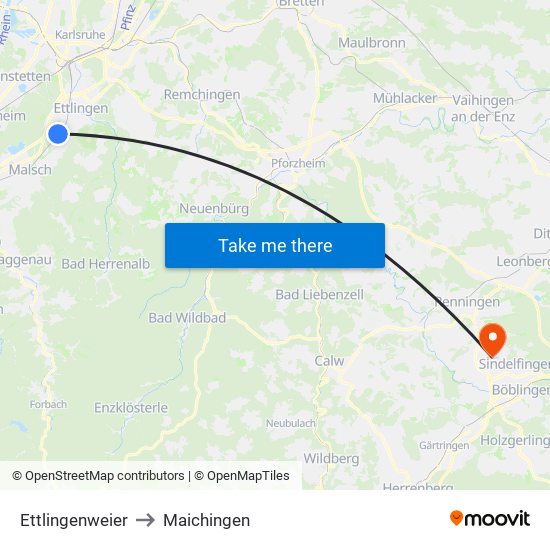 Ettlingenweier to Maichingen map