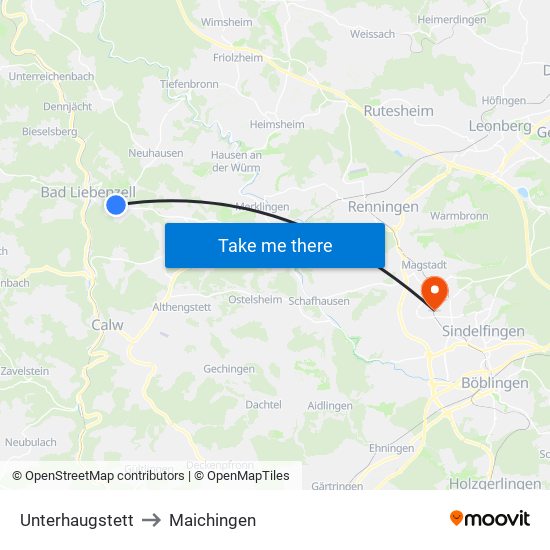 Unterhaugstett to Maichingen map