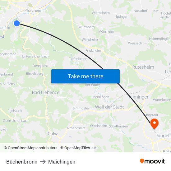 Büchenbronn to Maichingen map