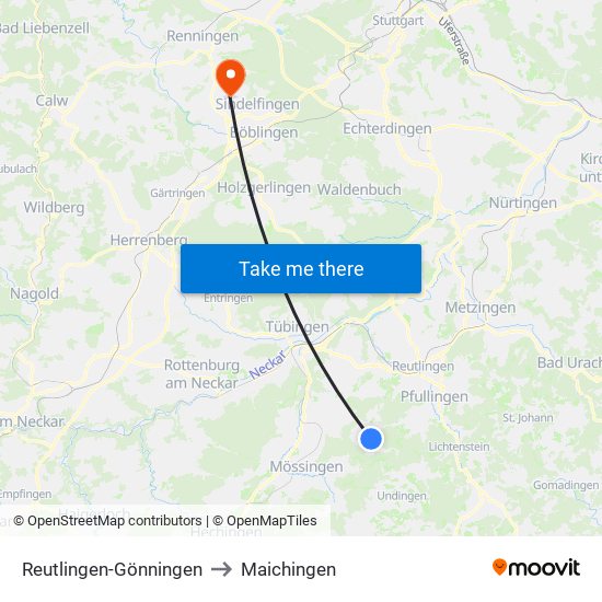 Reutlingen-Gönningen to Maichingen map