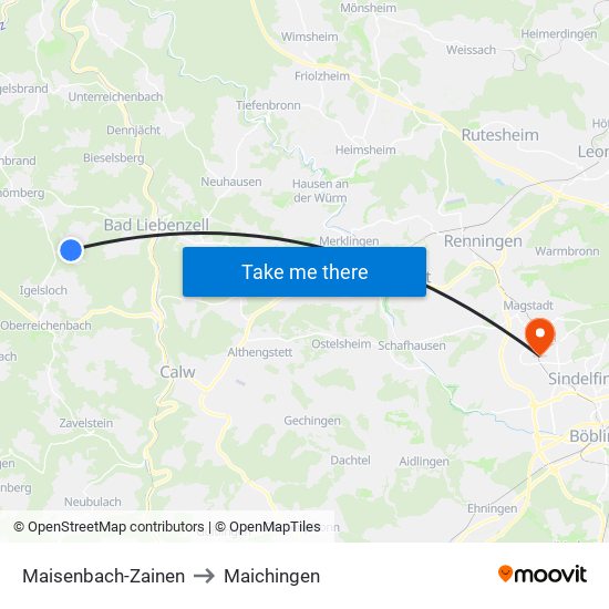 Maisenbach-Zainen to Maichingen map