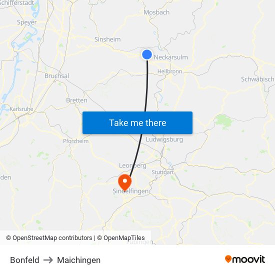 Bonfeld to Maichingen map