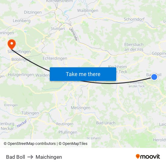 Bad Boll to Maichingen map