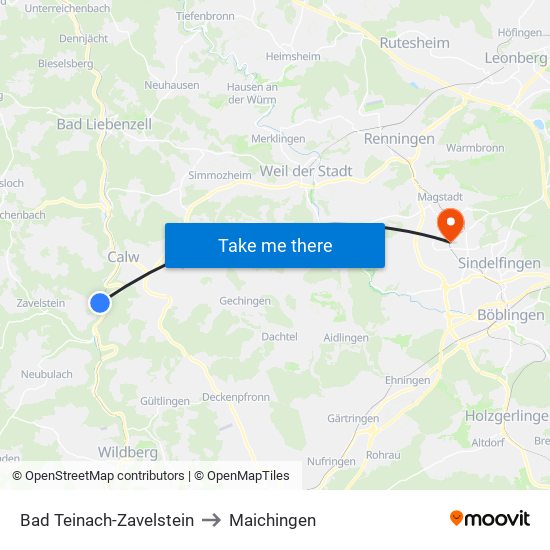 Bad Teinach-Zavelstein to Maichingen map