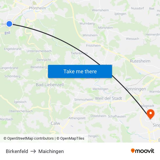 Birkenfeld to Maichingen map