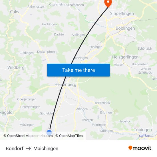 Bondorf to Maichingen map