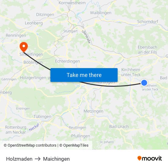 Holzmaden to Maichingen map