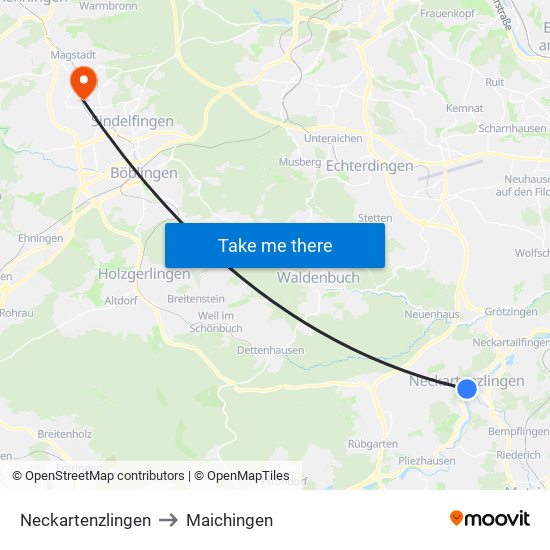 Neckartenzlingen to Maichingen map