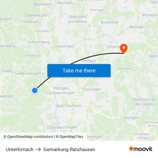 Unterkirnach to Gemarkung Ratshausen map