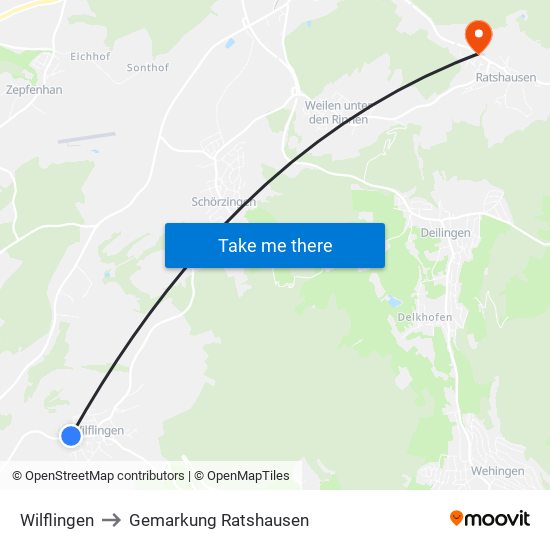 Wilflingen to Gemarkung Ratshausen map