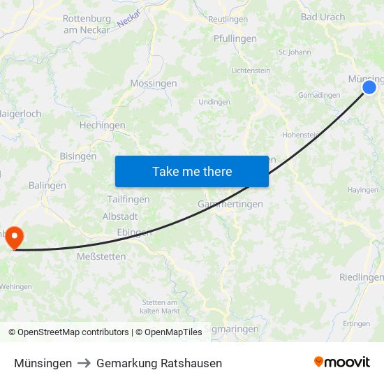 Münsingen to Gemarkung Ratshausen map