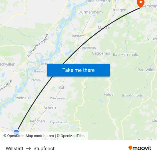 Willstätt to Stupferich map
