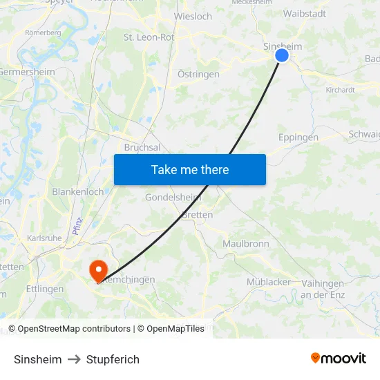 Sinsheim to Stupferich map