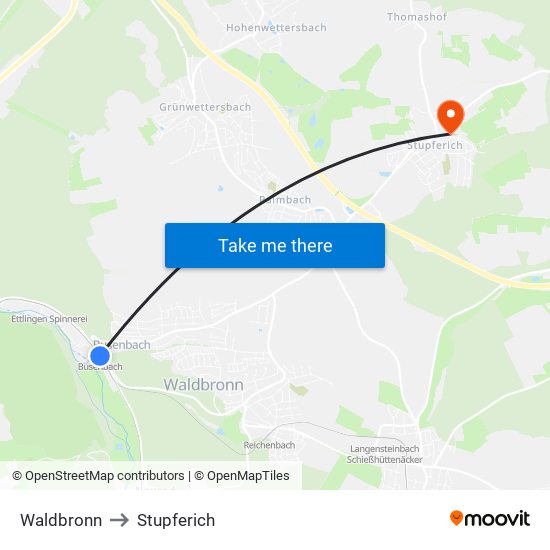 Waldbronn to Stupferich map