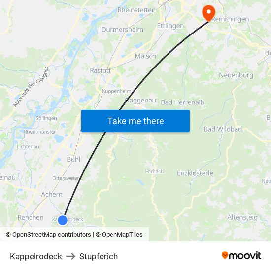 Kappelrodeck to Stupferich map