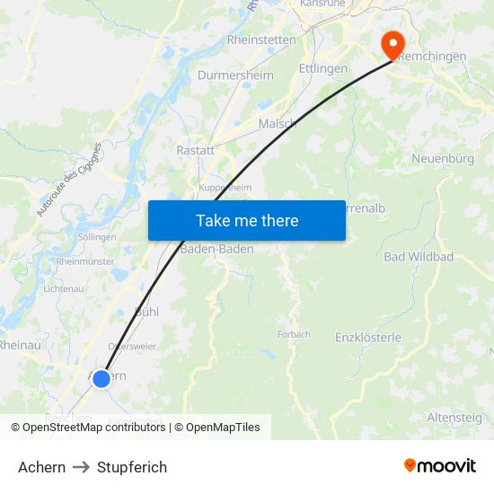 Achern to Stupferich map