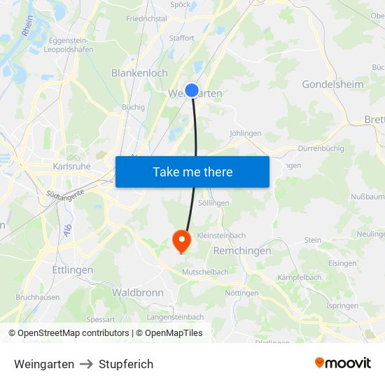 Weingarten to Stupferich map