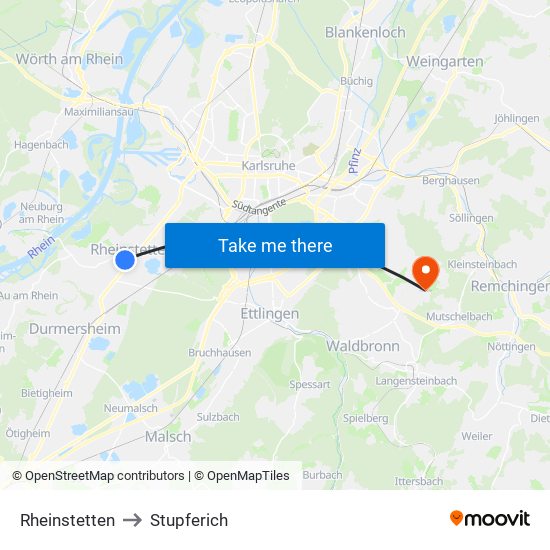 Rheinstetten to Stupferich map