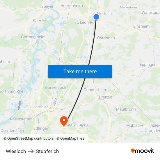 Wiesloch to Stupferich map