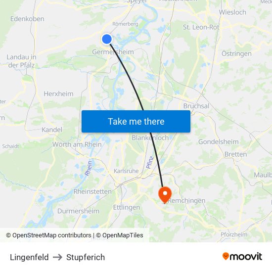 Lingenfeld to Stupferich map