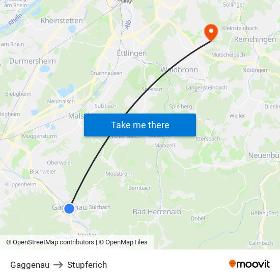 Gaggenau to Stupferich map