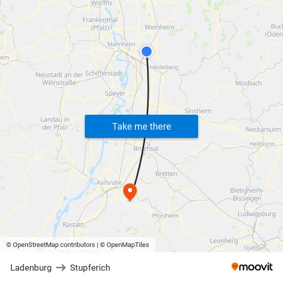 Ladenburg to Stupferich map