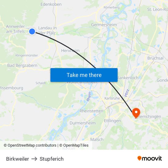 Birkweiler to Stupferich map