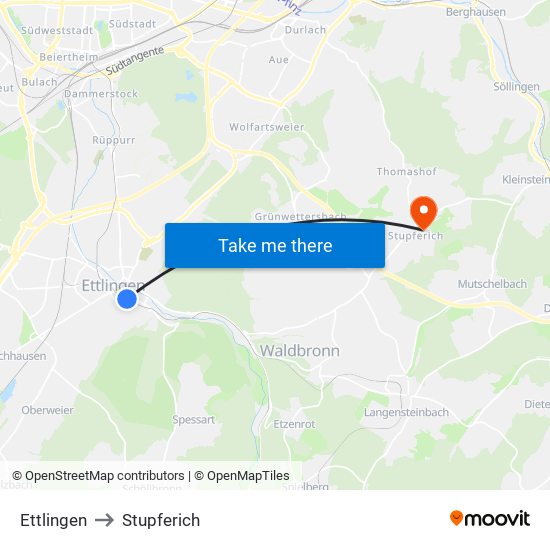 Ettlingen to Stupferich map
