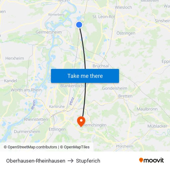 Oberhausen-Rheinhausen to Stupferich map