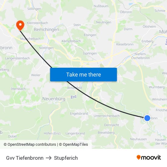 Gvv Tiefenbronn to Stupferich map