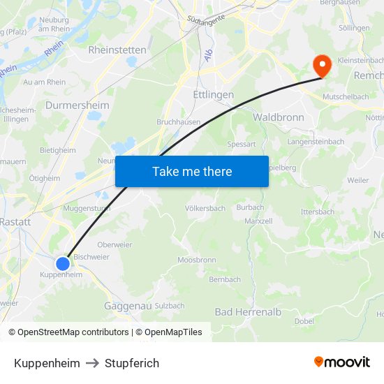 Kuppenheim to Stupferich map