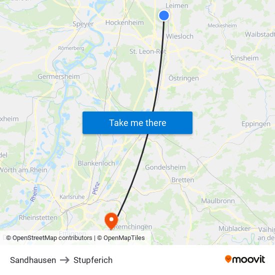 Sandhausen to Stupferich map