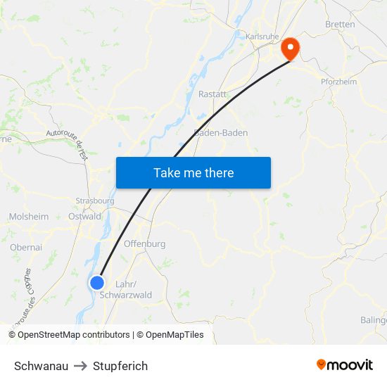 Schwanau to Stupferich map