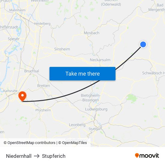 Niedernhall to Stupferich map