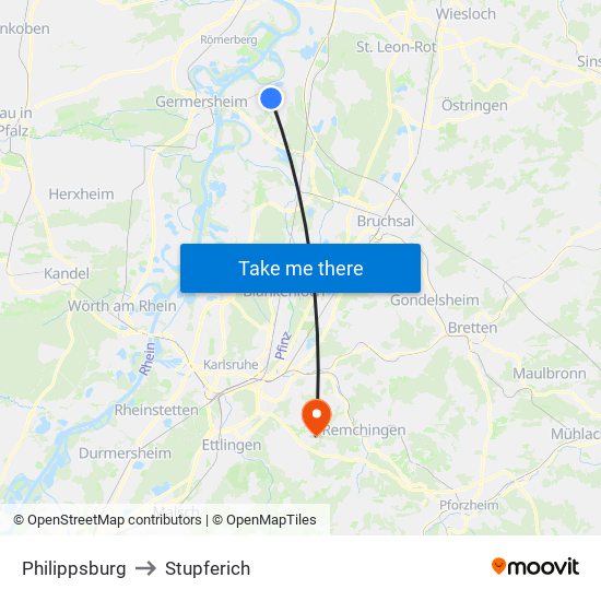 Philippsburg to Stupferich map