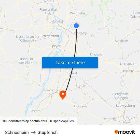 Schriesheim to Stupferich map