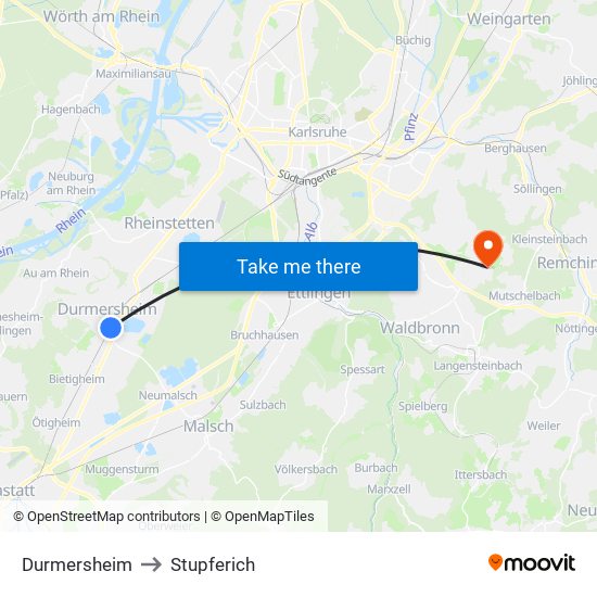 Durmersheim to Stupferich map