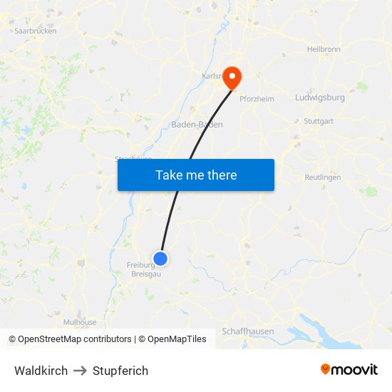 Waldkirch to Stupferich map